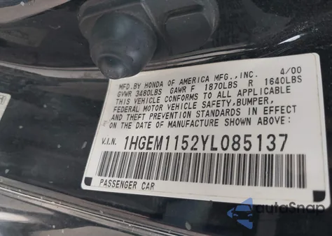 2000 Honda Civic Si from USA, damaged, VIN 1HGEM1152YL085137